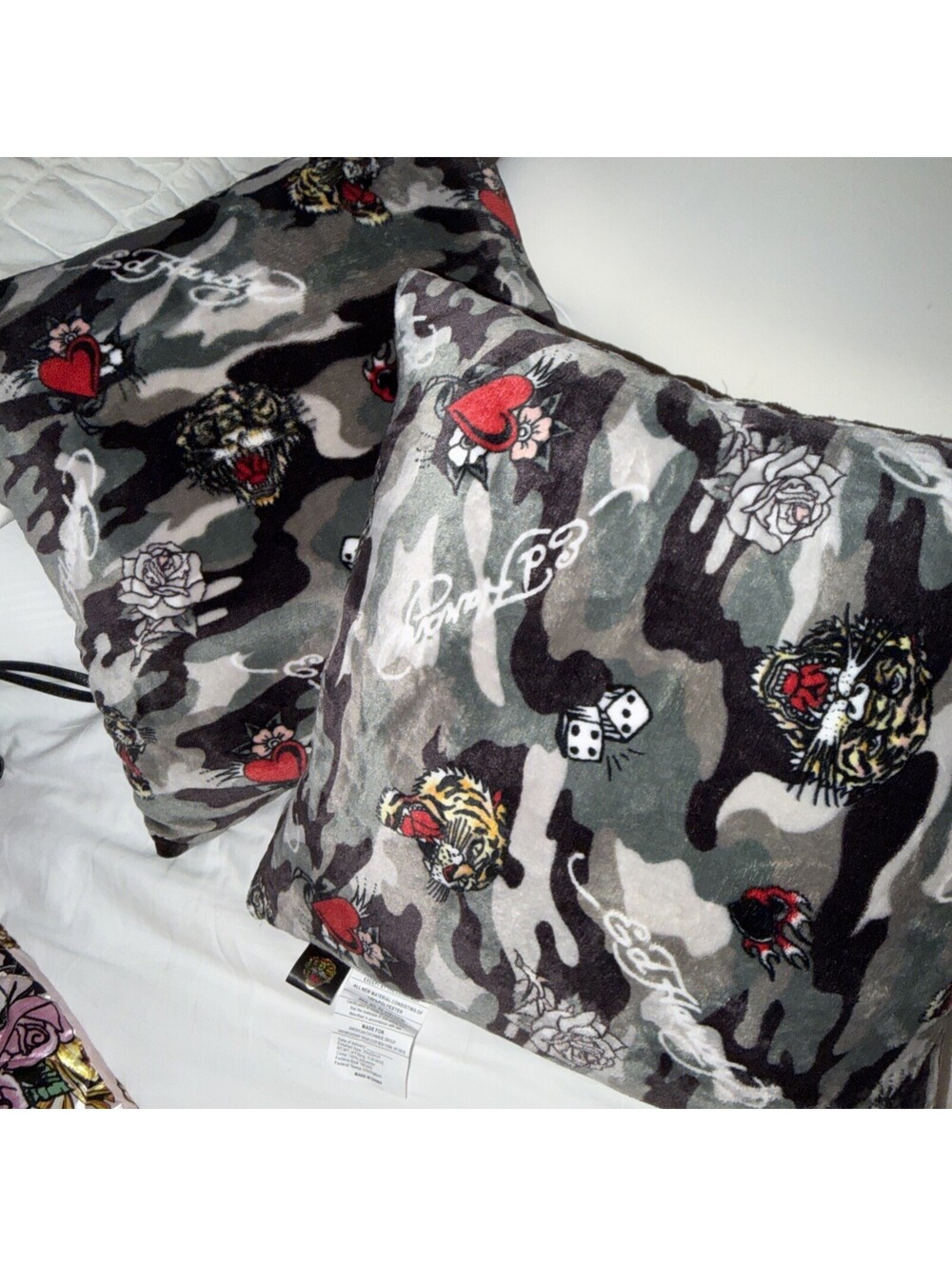 Ed Hardy Printed Camo Y2K Decorative Pillows Set of 2 20”x 20” NWT